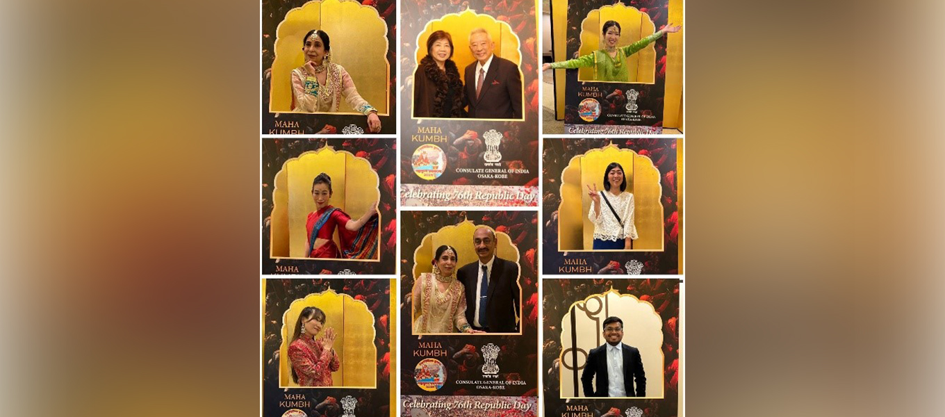 <strong>Several guests capturing memorable moments at the Photo Booth with Maha Kumbh Mela Theme during the 76th Republic Day Reception in Kobe.

</strong> 